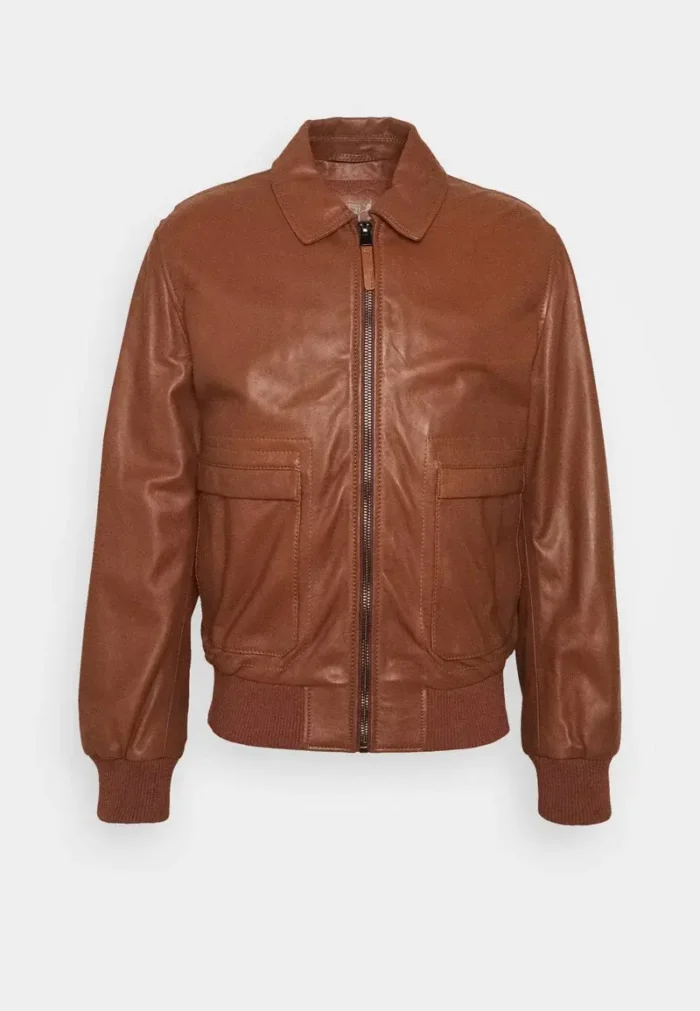 Men`s Brown Lambskin Leather Bomber Jacket - Image 1