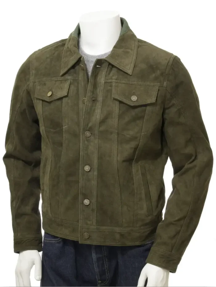 Men`s Olive Green Suede Trucker Jackets - Image 1