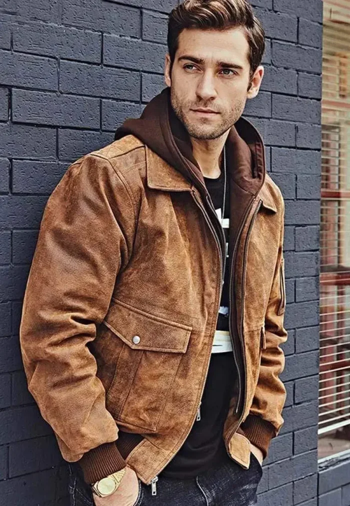 Men`s Brown Sheepskin Leather Hooded Bomber Jackets - Image 1