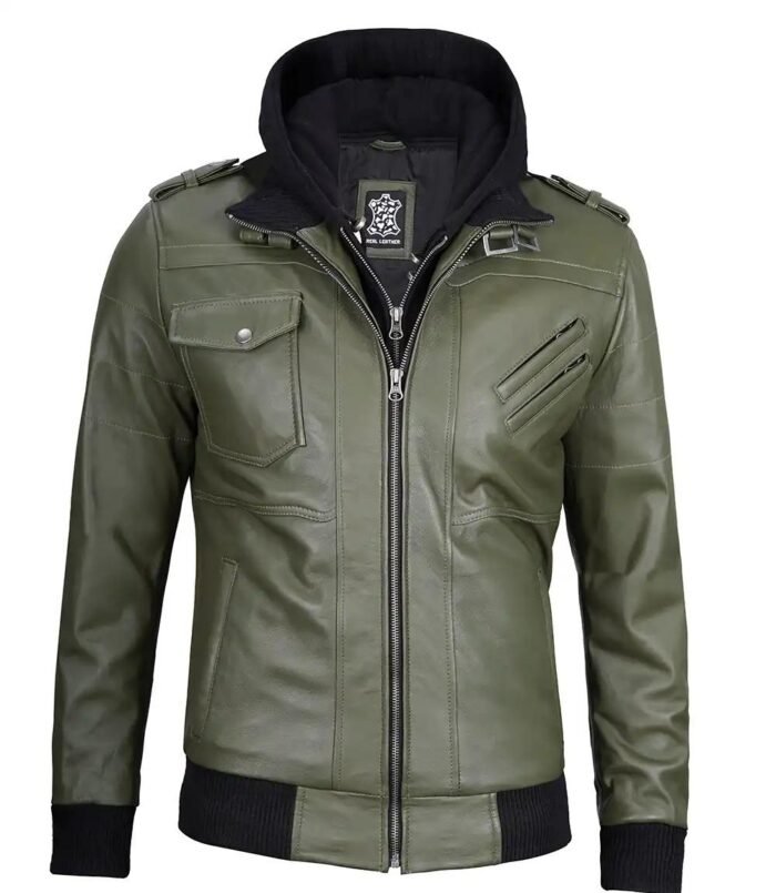 Men`s Green Real Leather Hooded Jackets - Image 1
